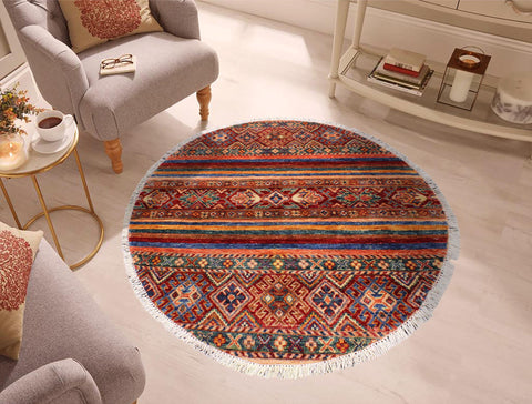 handmade Geometric Kurjean Red Blue Hand Knotted ROUND 100% WOOL area rug 3x3