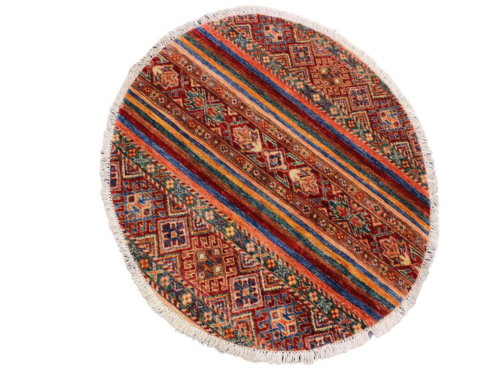 handmade Geometric Khurgeen Red Blue Hand Knotted ROUND 100% WOOL area rug 3x3