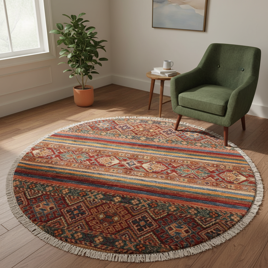 Southwestern Khurgeen Lashawn Red/Blue Wool Round - 3'3''X3'4''