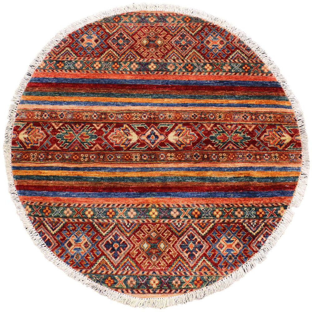 handmade Geometric Khurgeen Red Blue Hand Knotted ROUND 100% WOOL area rug 3x3