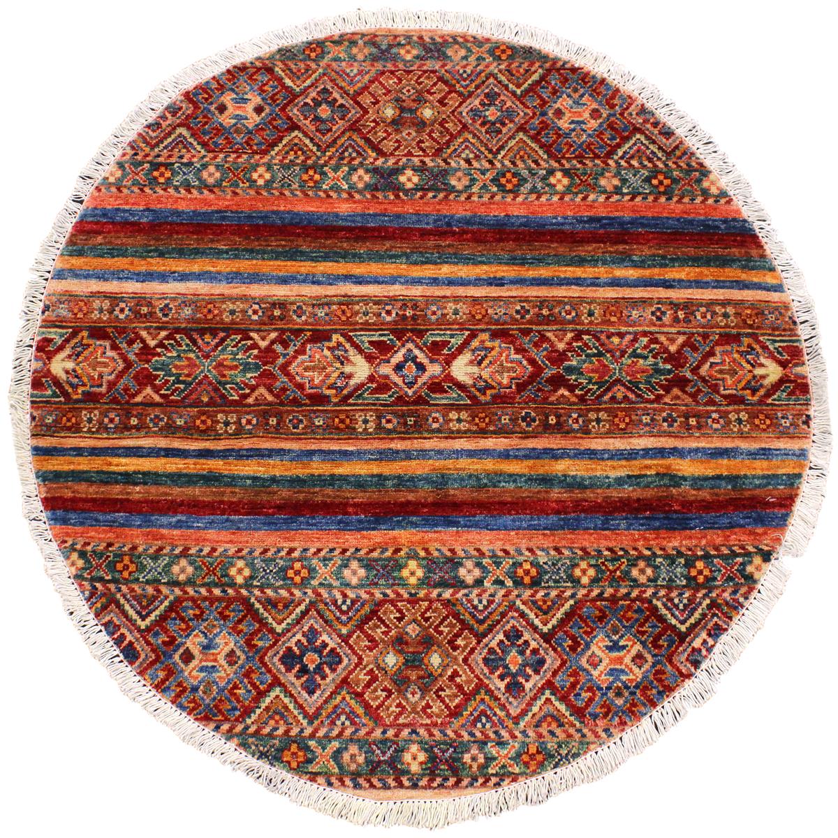 handmade Geometric Khurgeen Red Blue Hand Knotted ROUND 100% WOOL area rug 3x3