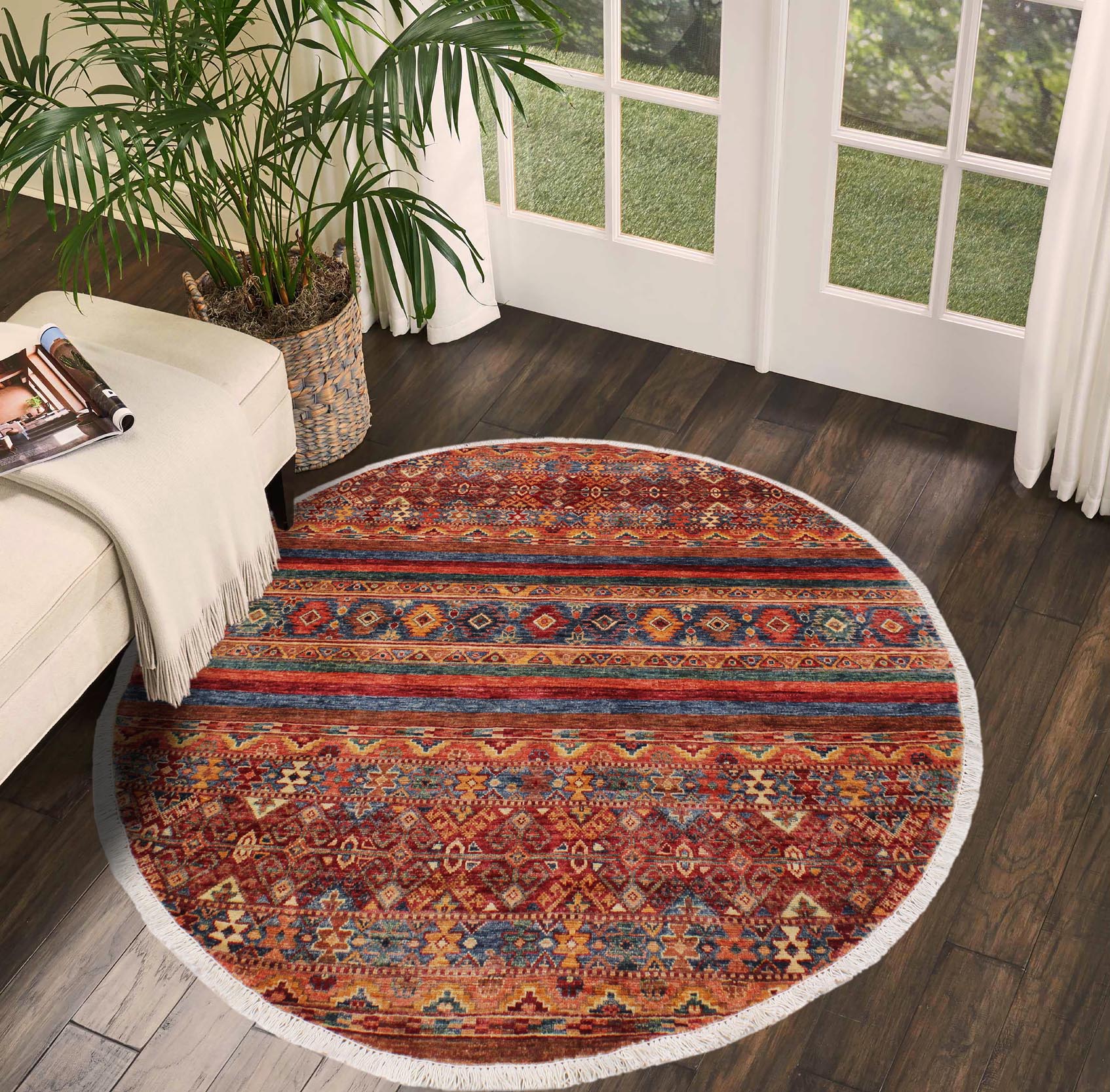 handmade Geometric Kurjean Red Blue Hand Knotted ROUND 100% WOOL area rug 5x5