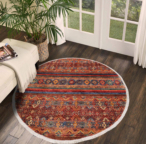 handmade Geometric Kurjean Red Blue Hand Knotted ROUND 100% WOOL area rug 5x5