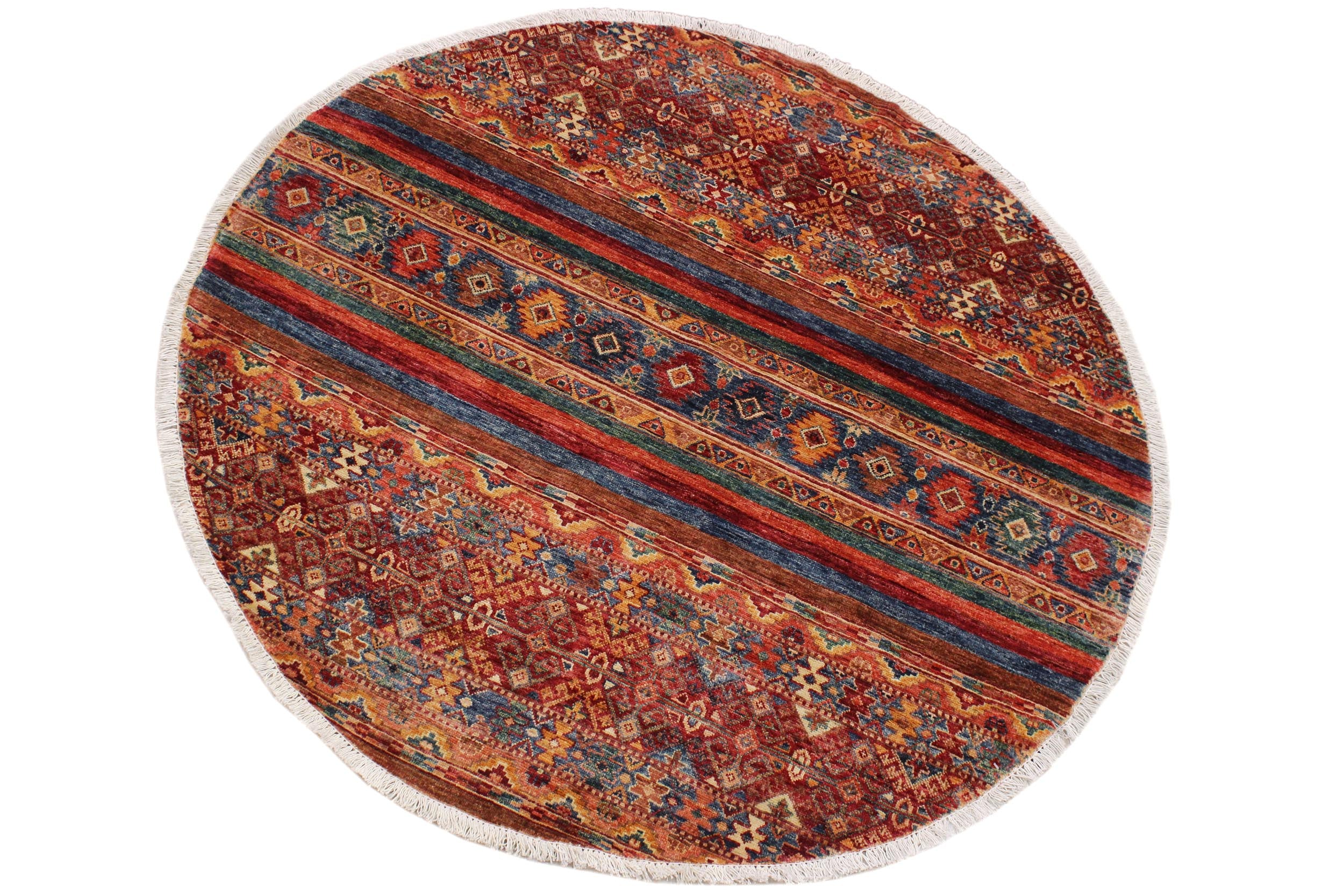 handmade Geometric Kurjean Red Blue Hand Knotted ROUND 100% WOOL area rug 5x5