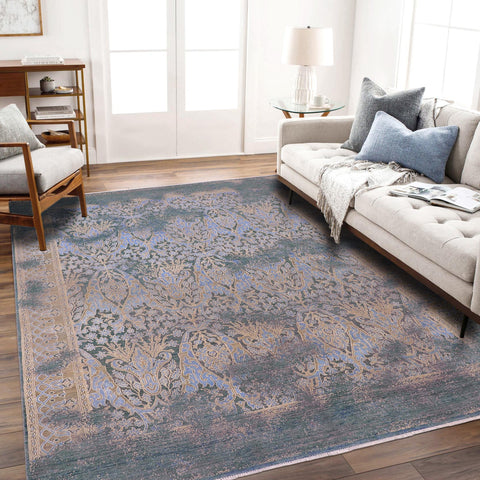 handmade Modern Kafkaz Teal Blue Hand Knotted RECTANGLE WOOL&SILK area rug 8' x 10'