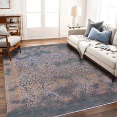 handmade Transitional Kafkaz Teal Blue Hand Knotted RECTANGLE WOOL&SILK area rug 8X10