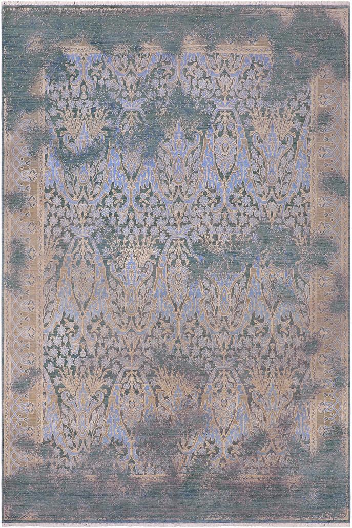 handmade Transitional Kafkaz Teal Blue Hand Knotted RECTANGLE WOOL&SILK area rug 8X10