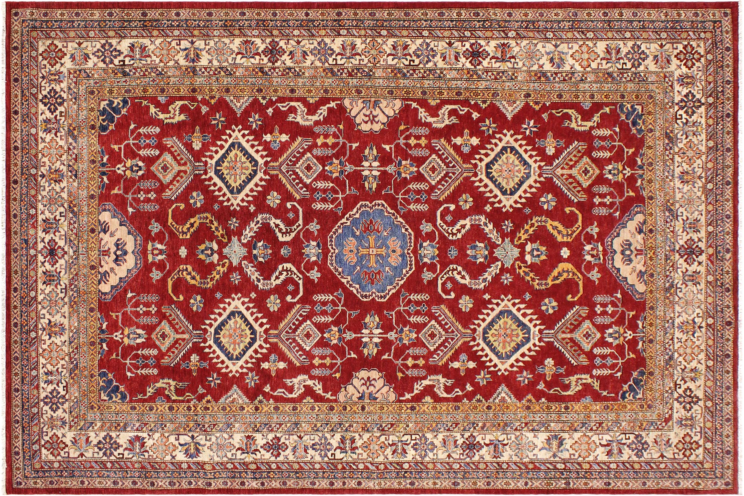 handmade Geometric Super Kazak Red Beige Hand Knotted RECTANGLE 100% WOOL area rug 9' x 12'