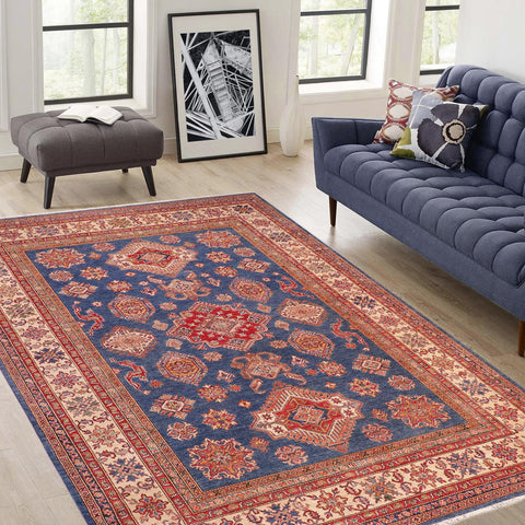 handmade Geometric Super Kazak Blue Beige Hand Knotted RECTANGLE 100% WOOL area rug 8' x 10'