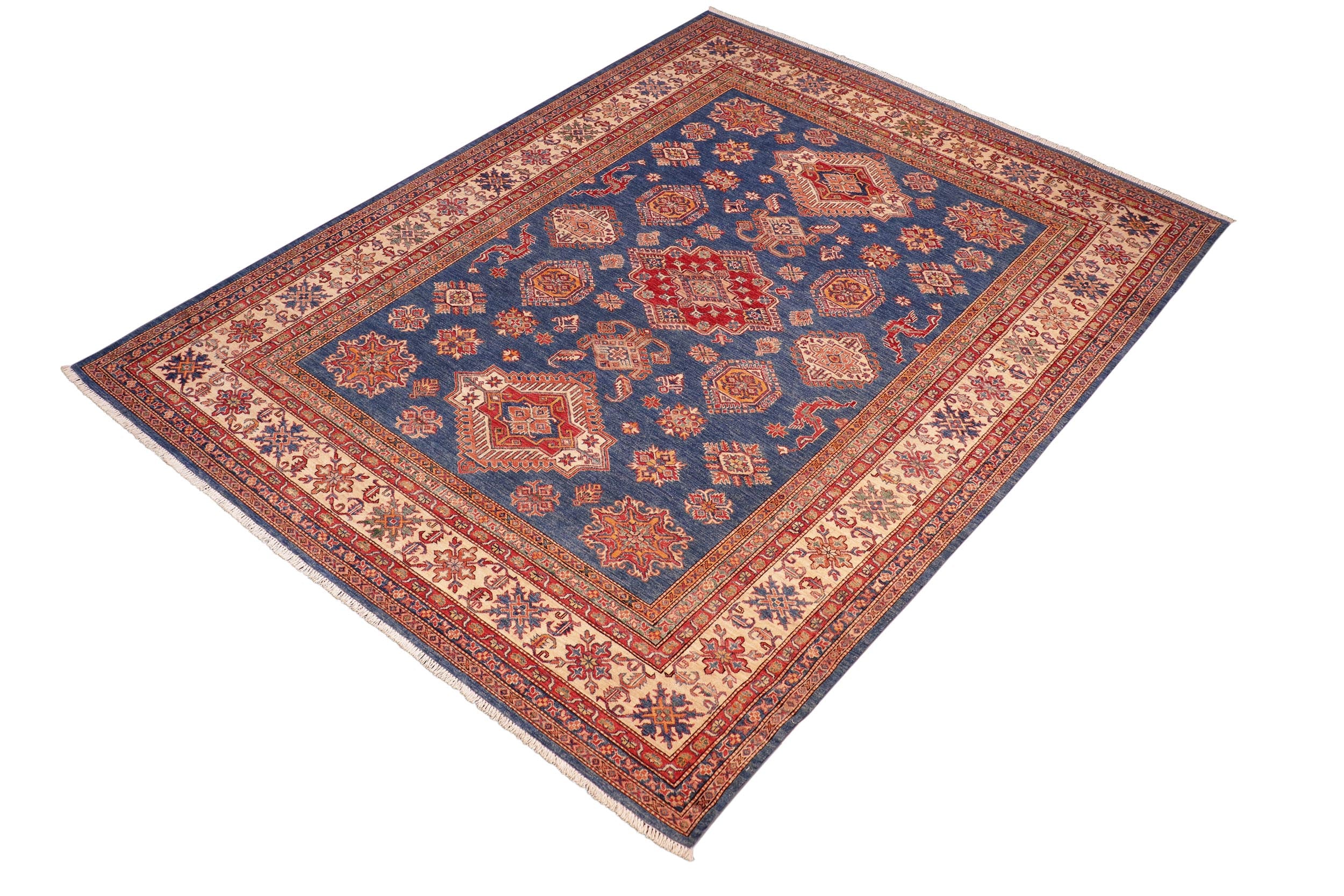 handmade Geometric Super Kazak Blue Beige Hand Knotted RECTANGLE 100% WOOL area rug 8' x 10'