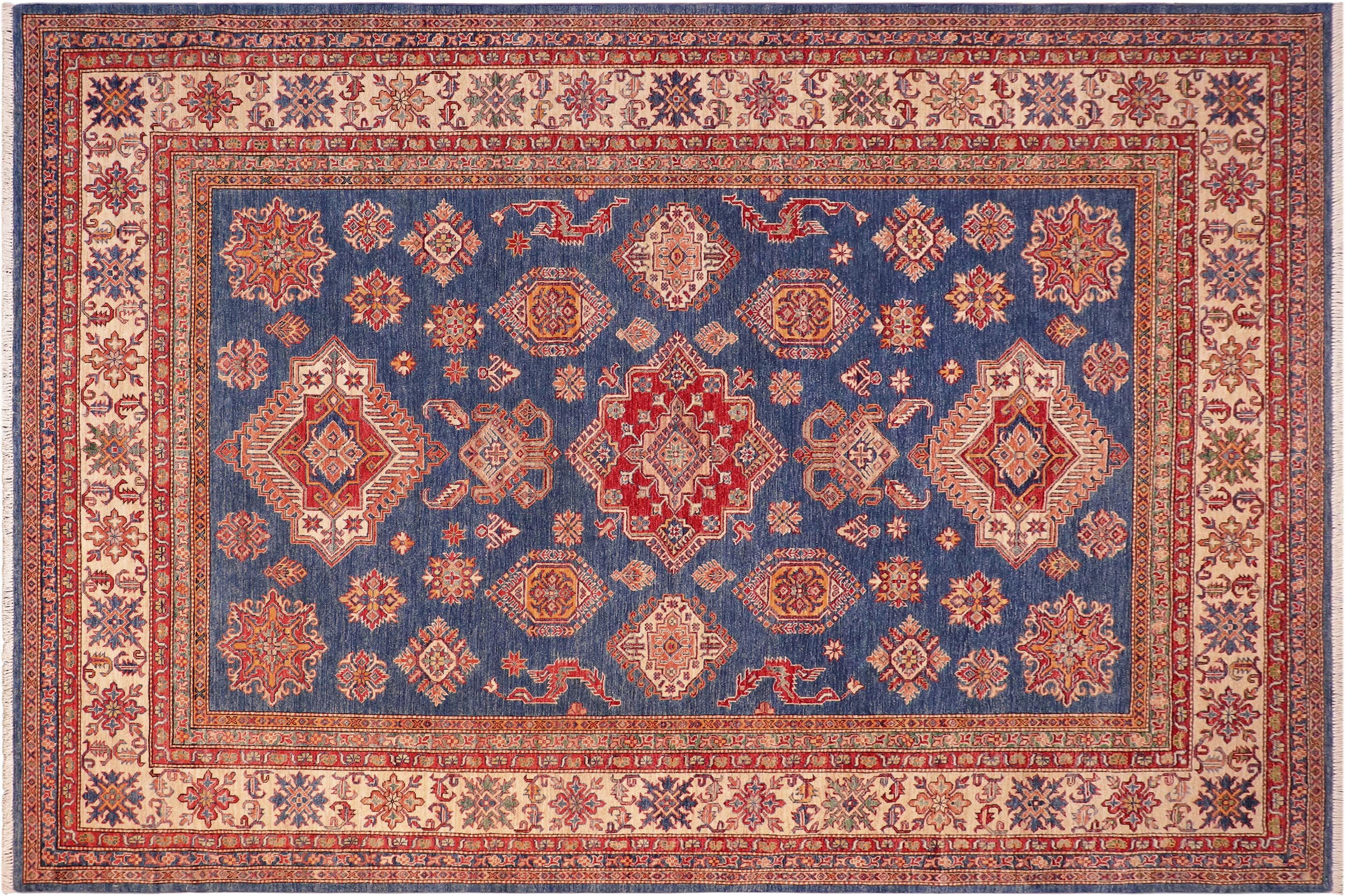 handmade Geometric Super Kazak Blue Beige Hand Knotted RECTANGLE 100% WOOL area rug 8' x 10'