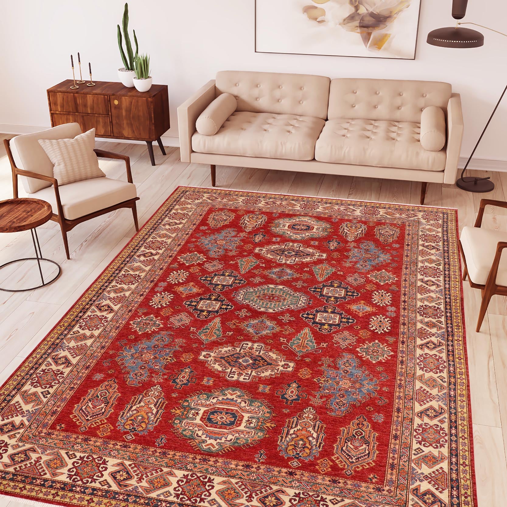 handmade Geometric Super Kazak Red Ivory Hand Knotted RECTANGLE 100% WOOL area rug 9' x 13'