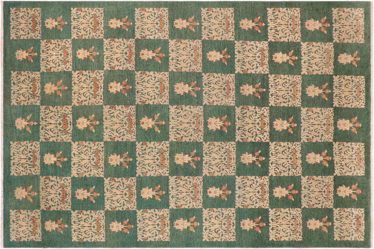 handmade Modern Kafkaz Green Tan Hand Knotted RECTANGLE 100% WOOL area rug 10' x 14'