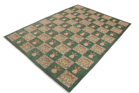 handmade Modern Kafkaz Green Tan Hand Knotted RECTANGLE 100% WOOL area rug 10' x 14'