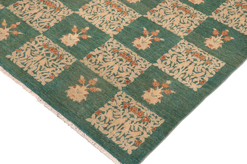 handmade Modern Kafkaz Green Tan Hand Knotted RECTANGLE 100% WOOL area rug 10' x 14'