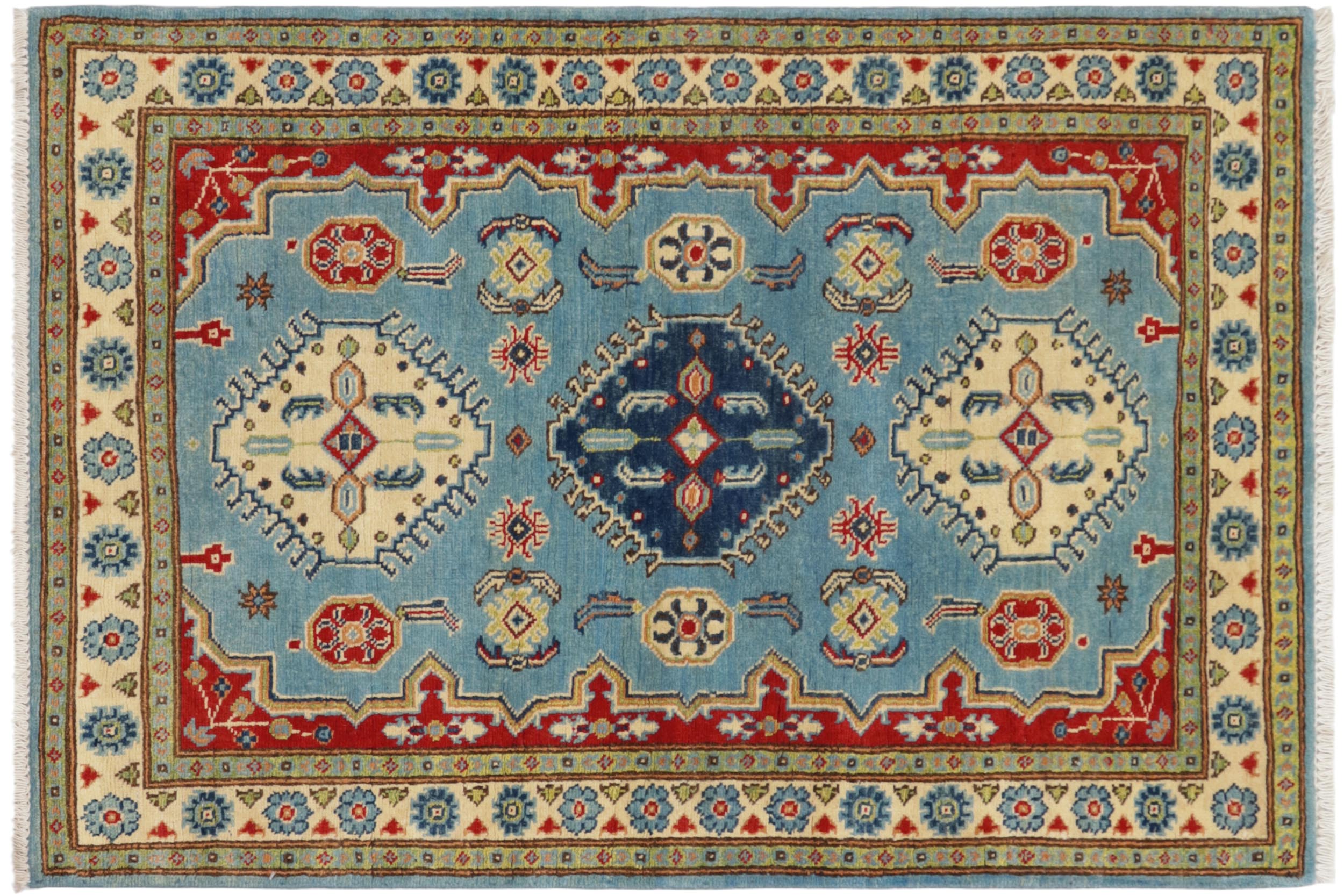 handmade Geometric Kazak Blue Beige Hand Knotted RECTANGLE 100% WOOL area rug 3'X5'