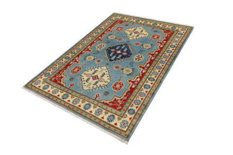 handmade Geometric Kazak Blue Beige Hand Knotted RECTANGLE 100% WOOL area rug 3'X5'