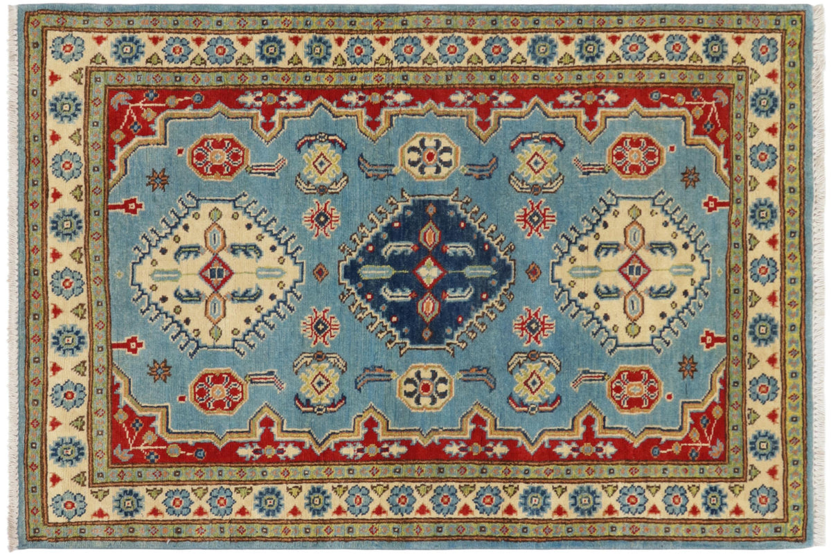 handmade Geometric Kazak Blue Beige Hand Knotted RECTANGLE 100% WOOL area rug 3'X5'