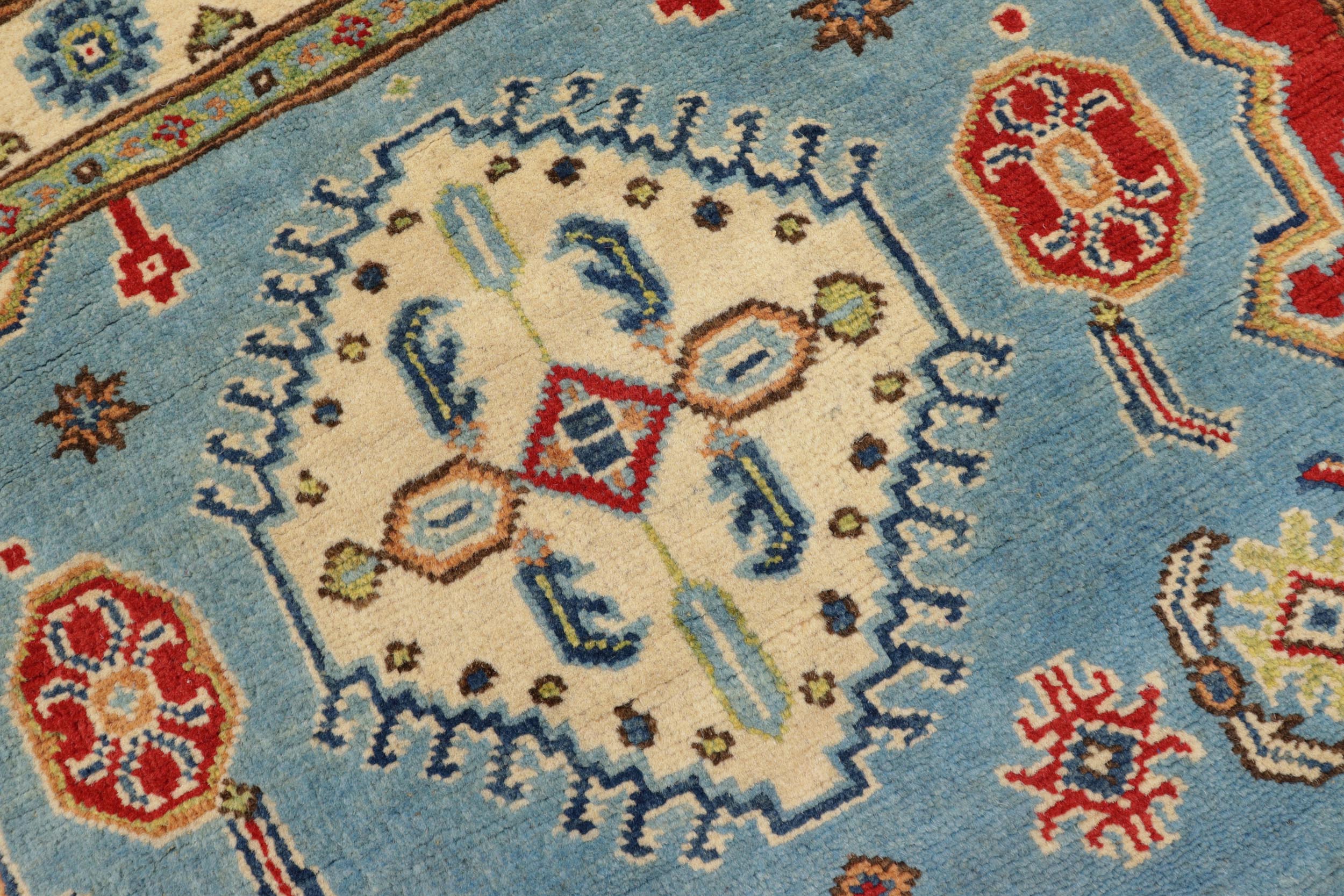 handmade Geometric Kazak Blue Beige Hand Knotted RECTANGLE 100% WOOL area rug 3'X5'