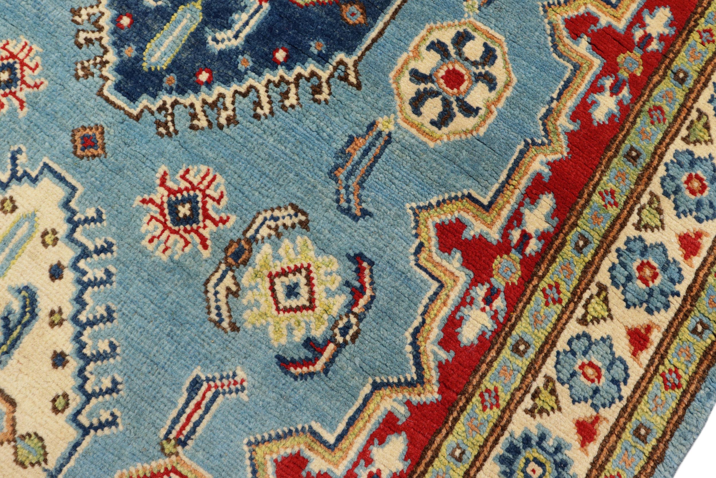 handmade Geometric Kazak Blue Beige Hand Knotted RECTANGLE 100% WOOL area rug 3'X5'