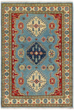 handmade Geometric Kazak Blue Beige Hand Knotted RECTANGLE 100% WOOL area rug 3' x 5'