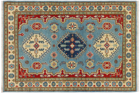 handmade Geometric Kazak Blue Beige Hand Knotted RECTANGLE 100% WOOL area rug 3'X5'