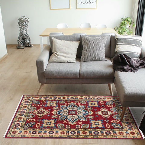handmade Geometric Kazak Red Beige Hand Knotted RECTANGLE 100% WOOL area rug 3'X4'