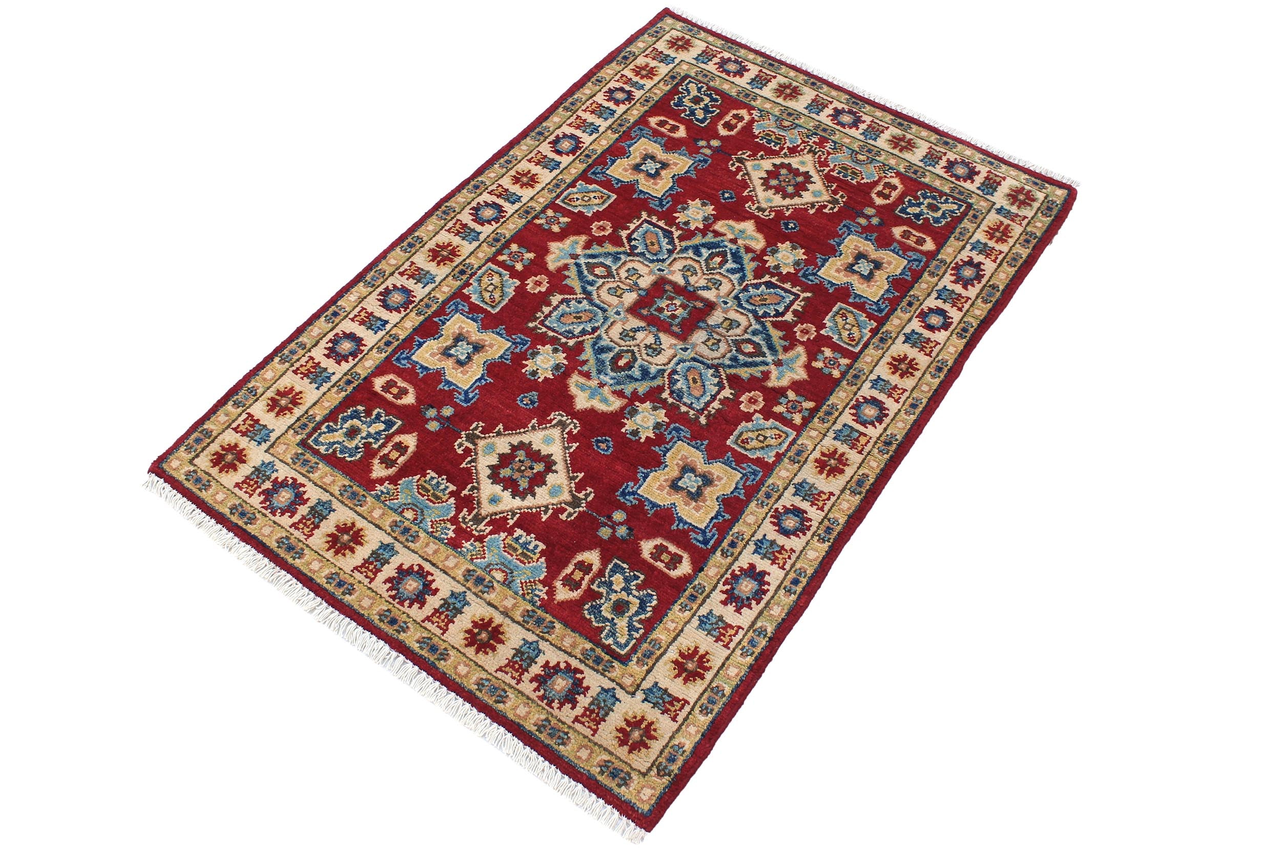 handmade Geometric Kazak Red Beige Hand Knotted RECTANGLE 100% WOOL area rug 3'X4'