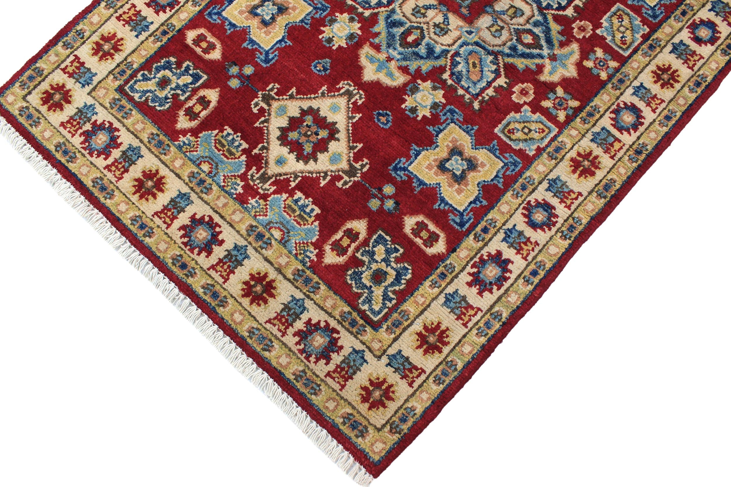 handmade Geometric Kazak Red Beige Hand Knotted RECTANGLE 100% WOOL area rug 3'X4'