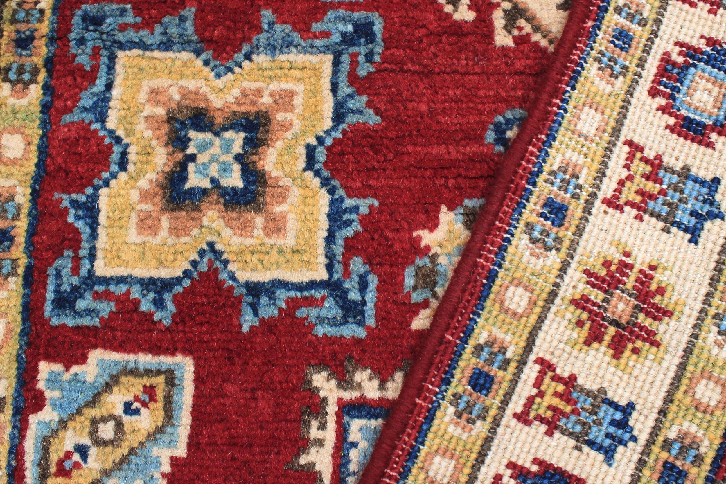 handmade Geometric Kazak Red Beige Hand Knotted RECTANGLE 100% WOOL area rug 3'X4'