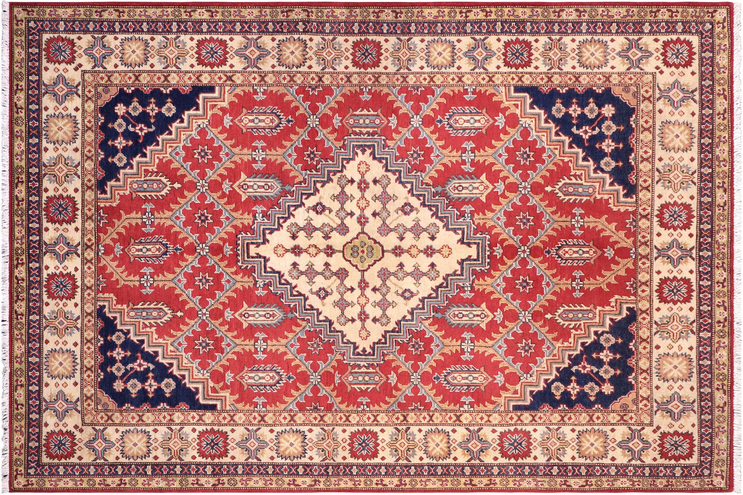 handmade Geometric Kazak Red Beige Hand Knotted RECTANGLE 100% WOOL area rug 6'X8'