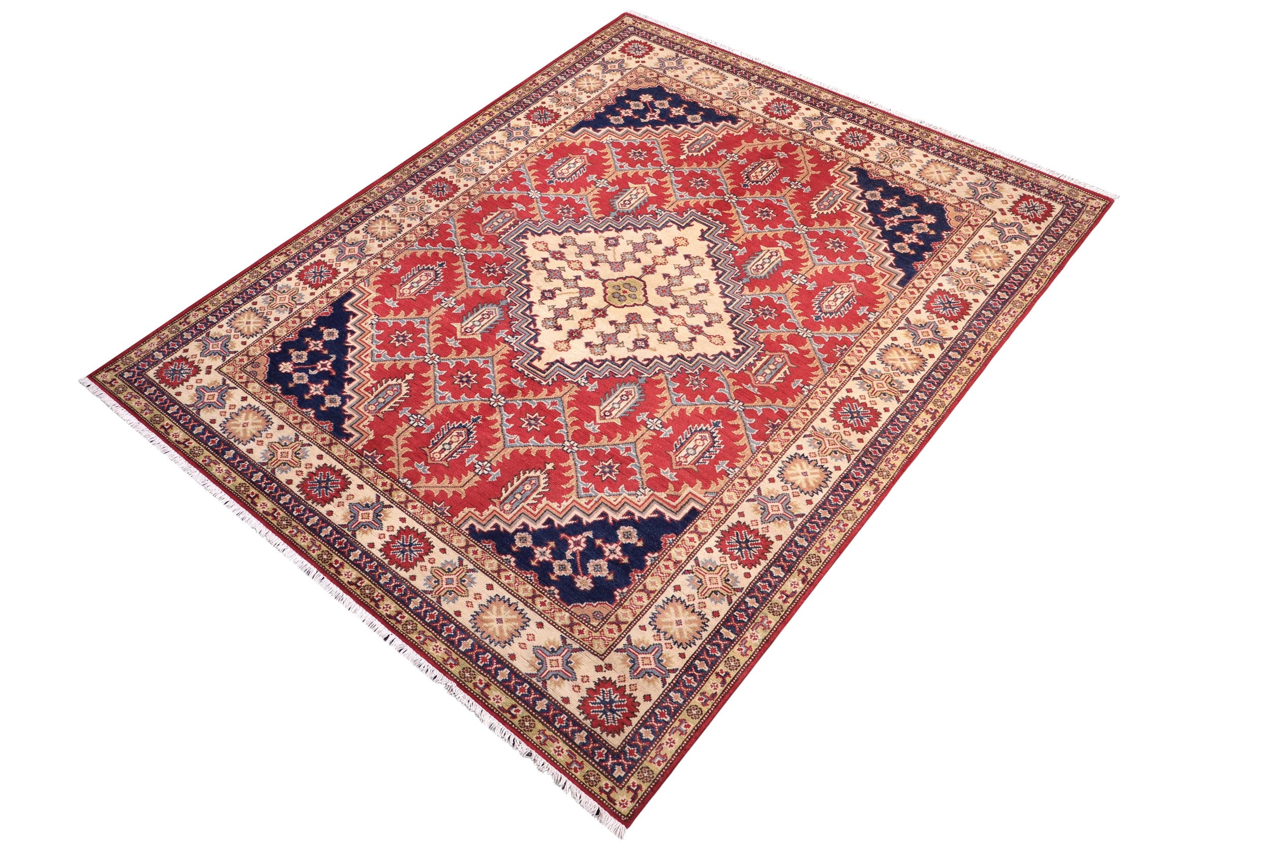 handmade Geometric Kazak Red Beige Hand Knotted RECTANGLE 100% WOOL area rug 6'X8'
