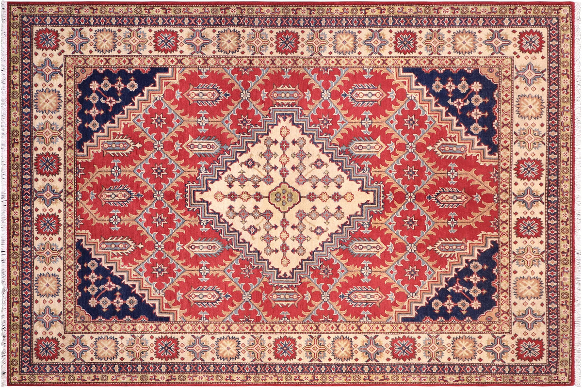 handmade Geometric Kazak Red Beige Hand Knotted RECTANGLE 100% WOOL area rug 6'X8'