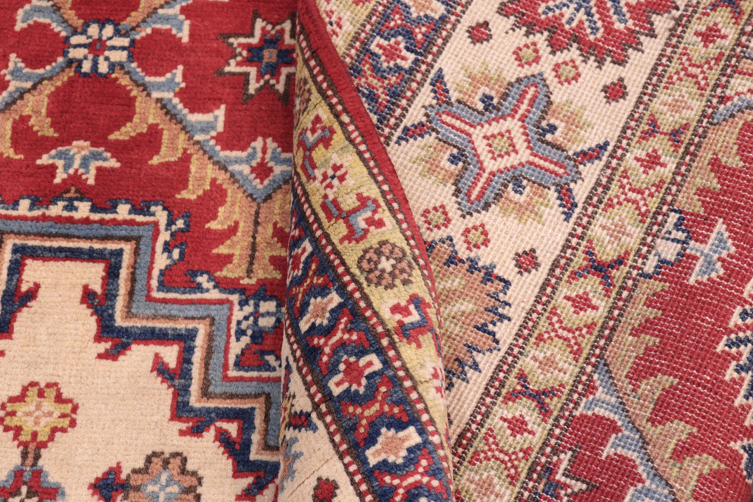 handmade Geometric Kazak Red Beige Hand Knotted RECTANGLE 100% WOOL area rug 6'X8'