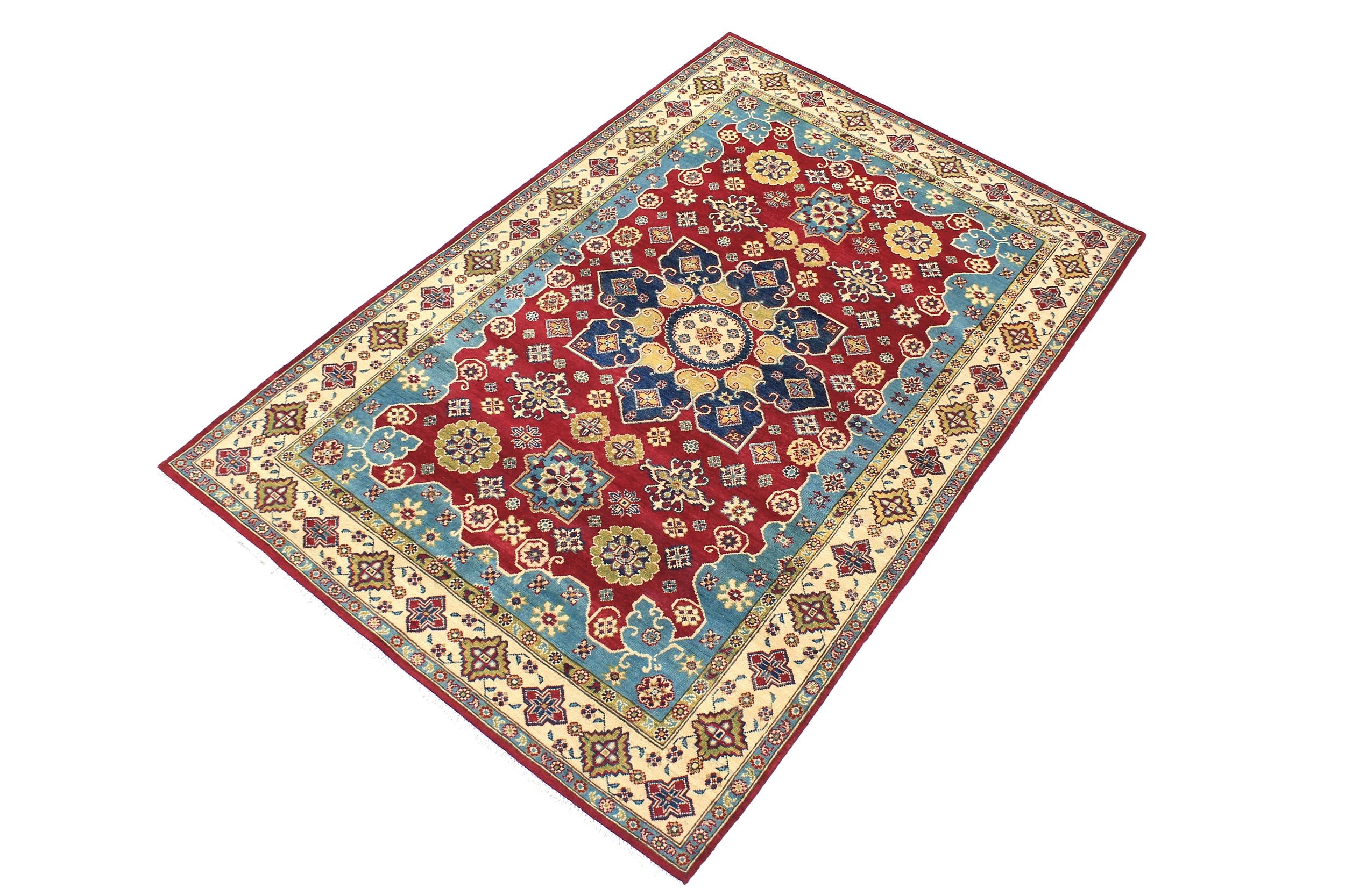 handmade Geometric Kazak Red Beige Hand Knotted RECTANGLE 100% WOOL area rug 6'X9'