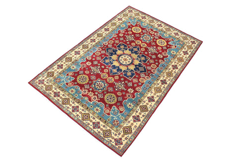 handmade Geometric Kazak Red Beige Hand Knotted RECTANGLE 100% WOOL area rug 6'X9'