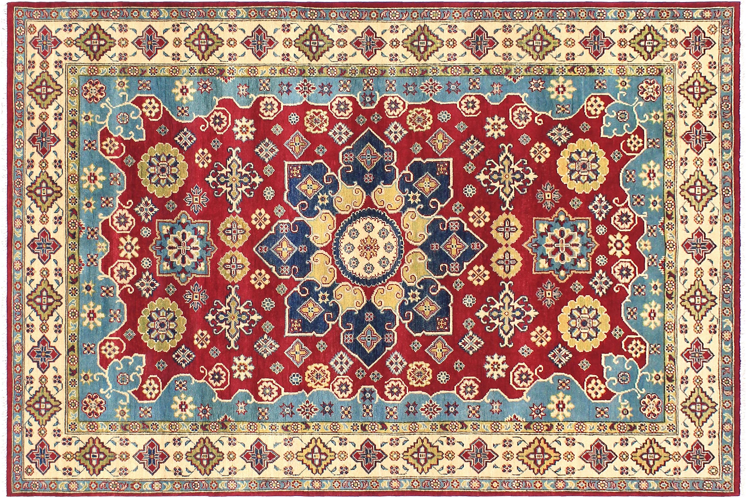 handmade Geometric Kazak Red Beige Hand Knotted RECTANGLE 100% WOOL area rug 6'X9'