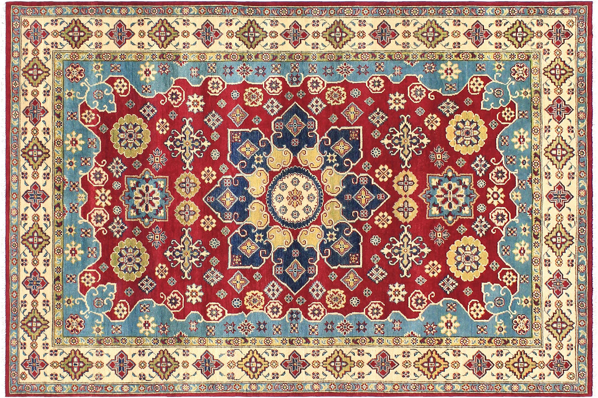 handmade Geometric Kazak Red Beige Hand Knotted RECTANGLE 100% WOOL area rug 6'X9'