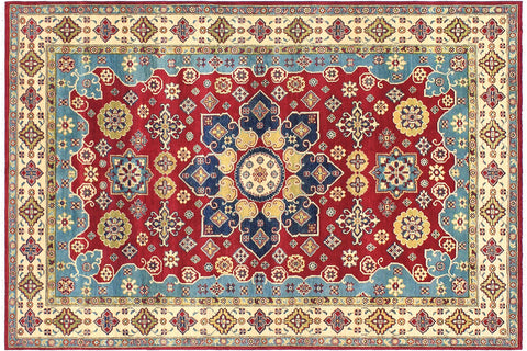 handmade Geometric Kazak Red Beige Hand Knotted RECTANGLE 100% WOOL area rug 6'X9'