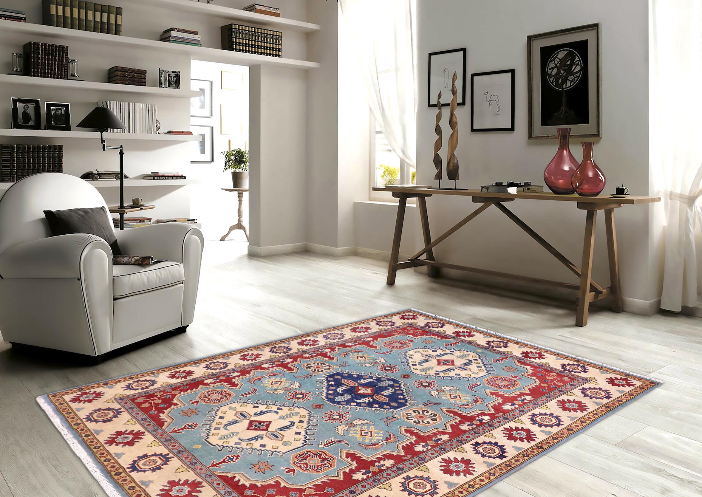 handmade Geometric Kazak Blue Beige Hand Knotted RECTANGLE 100% WOOL area rug 6'X8'