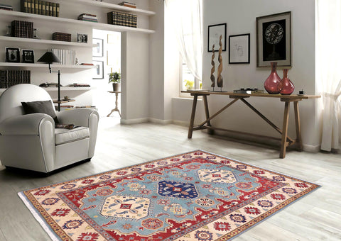 handmade Geometric Kazak Blue Beige Hand Knotted RECTANGLE 100% WOOL area rug 6'X8'