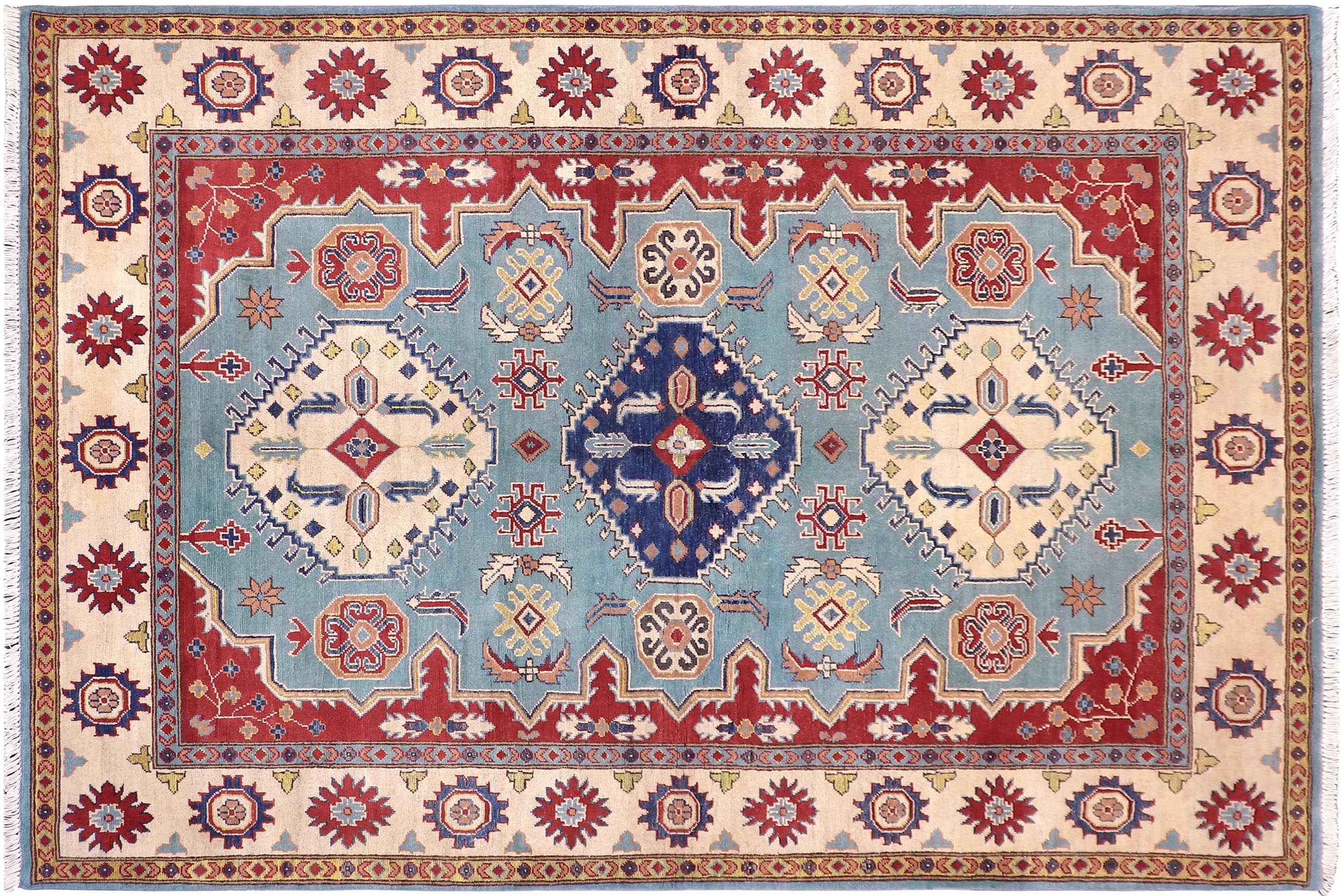 handmade Geometric Kazak Blue Beige Hand Knotted RECTANGLE 100% WOOL area rug 6'X8'