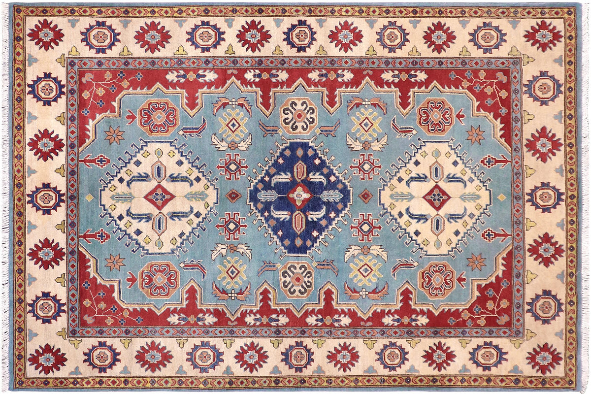 handmade Geometric Kazak Blue Beige Hand Knotted RECTANGLE 100% WOOL area rug 6'X8'