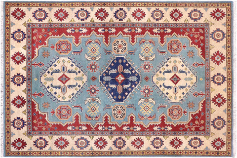 handmade Geometric Kazak Blue Beige Hand Knotted RECTANGLE 100% WOOL area rug 6'X8'