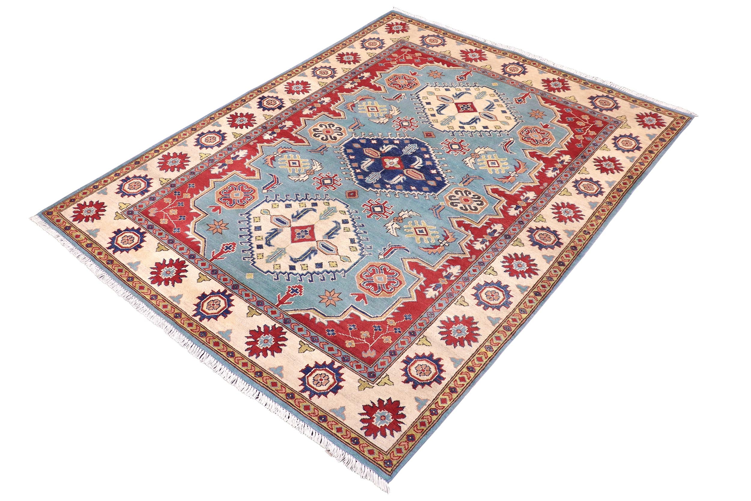 handmade Geometric Kazak Blue Beige Hand Knotted RECTANGLE 100% WOOL area rug 6'X8'
