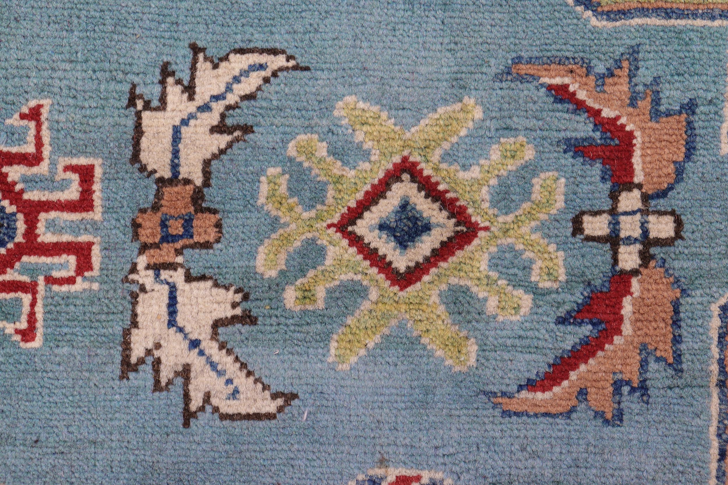 handmade Geometric Kazak Blue Beige Hand Knotted RECTANGLE 100% WOOL area rug 6'X8'