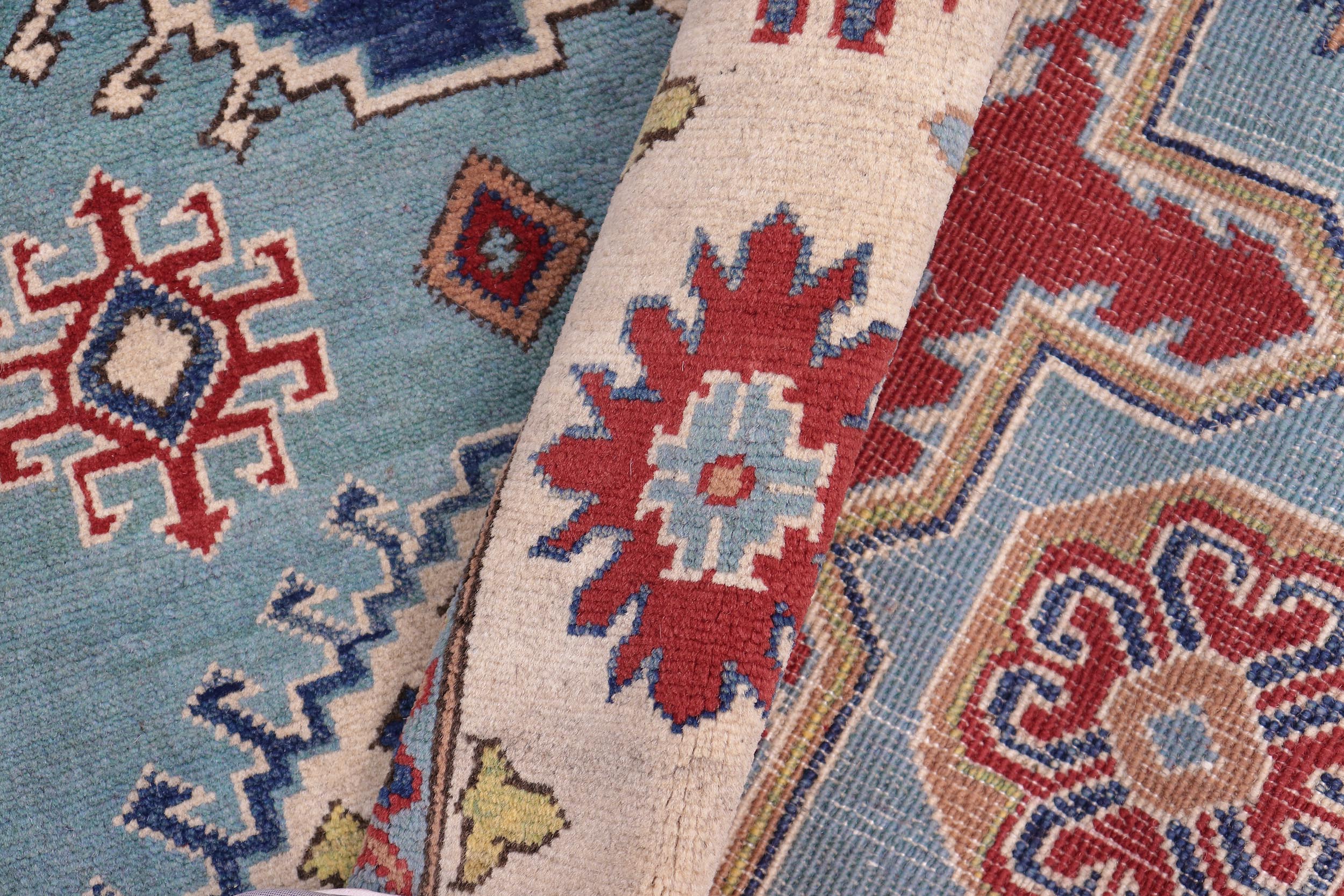 handmade Geometric Kazak Blue Beige Hand Knotted RECTANGLE 100% WOOL area rug 6'X8'