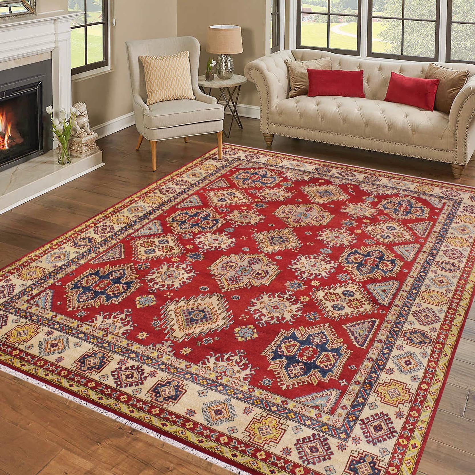 handmade Geometric Kazak Red Beige Hand Knotted RECTANGLE 100% WOOL area rug 9'X12'