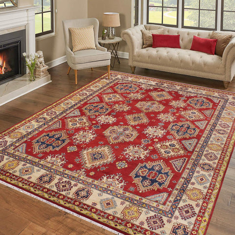 handmade Geometric Kazak Red Beige Hand Knotted RECTANGLE 100% WOOL area rug 9'X12'