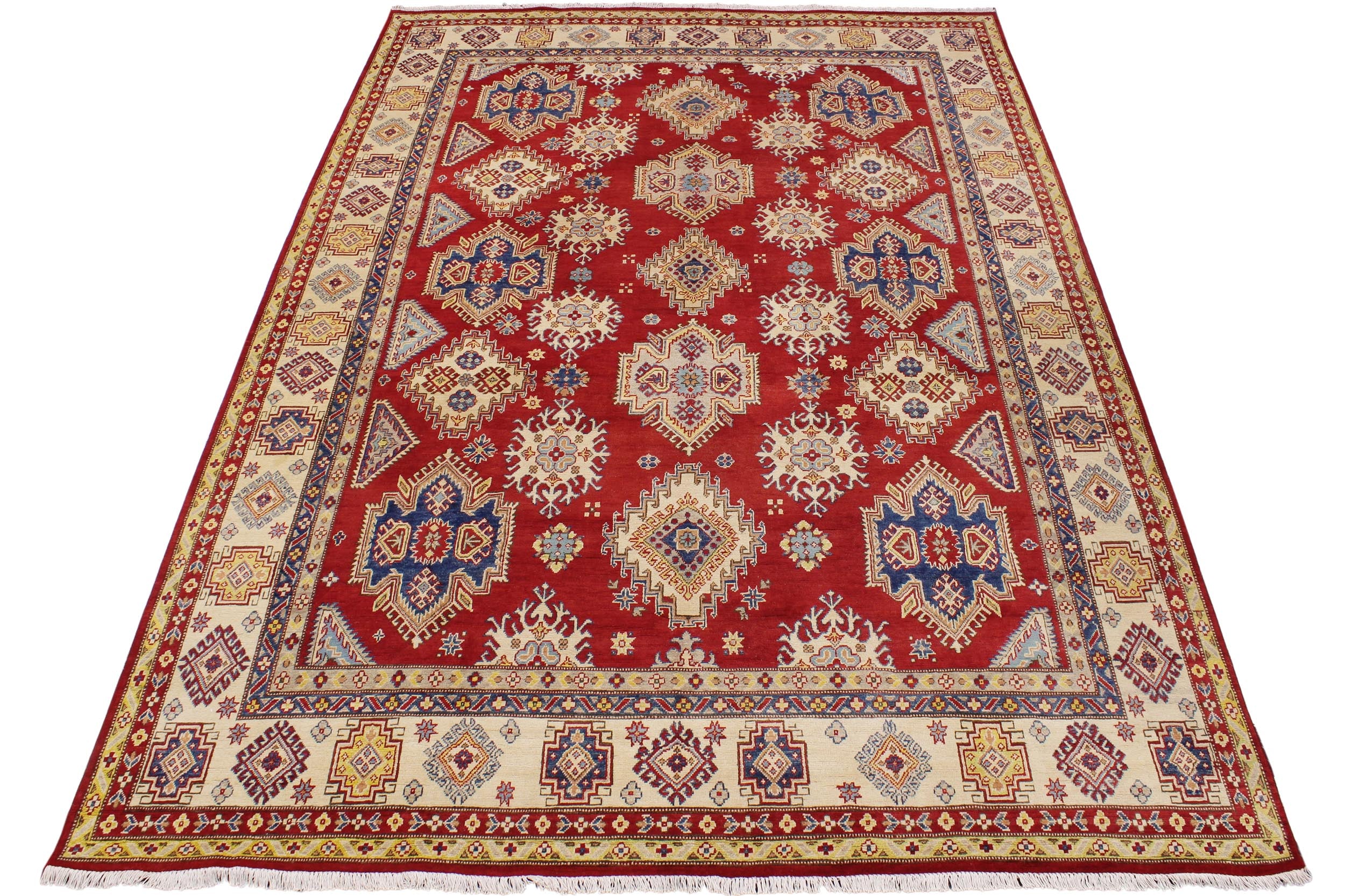 handmade Geometric Kazak Red Beige Hand Knotted RECTANGLE 100% WOOL area rug 9'X12'